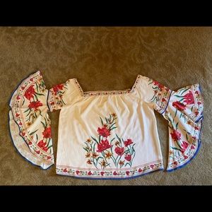 Embroidered Floral Off-Shoulder Top in Cream with Red Flowers